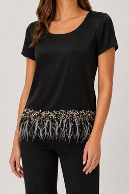 St. John Womens Satin Black Hand Beaded Sequin Feather Fringe Trim Evening Top S